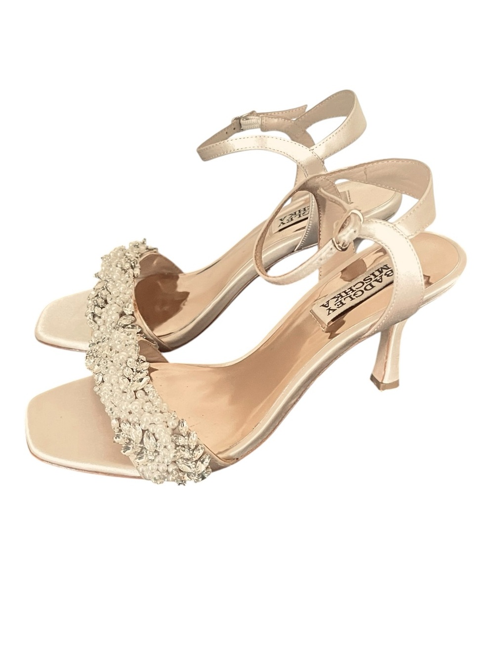 Badgley Mischka Ivory Satin Pearl & Crystal Ankle-Strap Heels